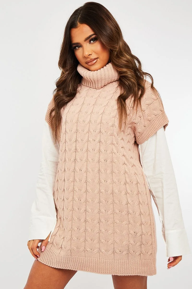 Pink Roll Neck Cable Knit Vest - Emira