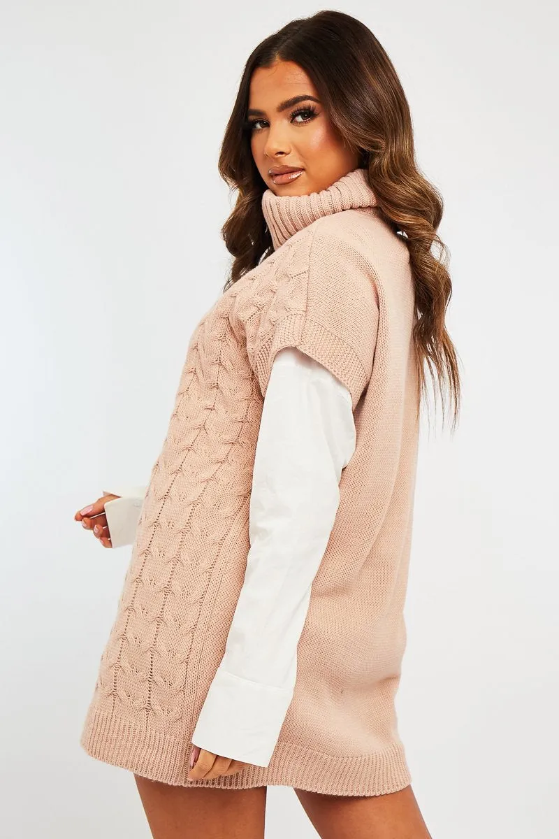 Pink Roll Neck Cable Knit Vest - Emira