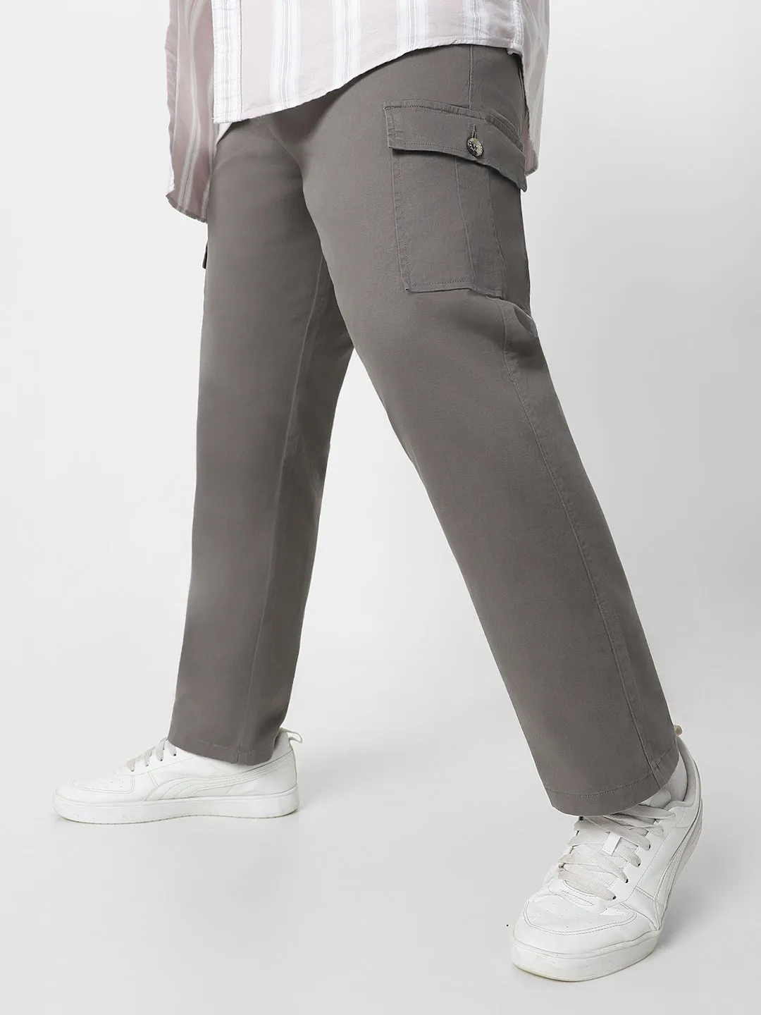 Plus Men's Dark Grey Regular Fit Solid Cargo Chino Pant with 6 Pockets Stretchable