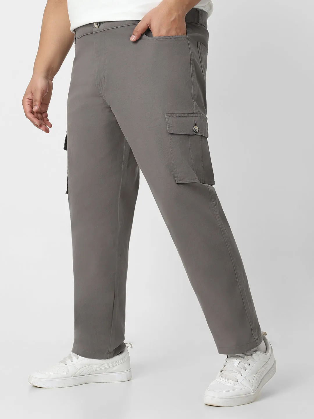 Plus Men's Dark Grey Regular Fit Solid Cargo Chino Pant with 6 Pockets Stretchable