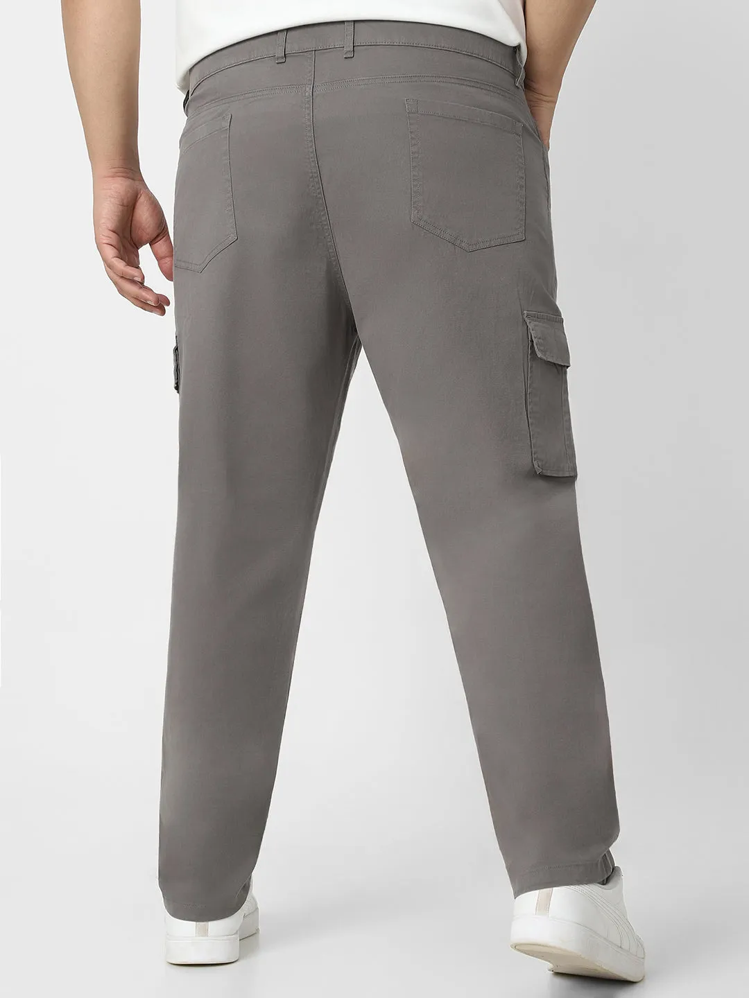 Plus Men's Dark Grey Regular Fit Solid Cargo Chino Pant with 6 Pockets Stretchable