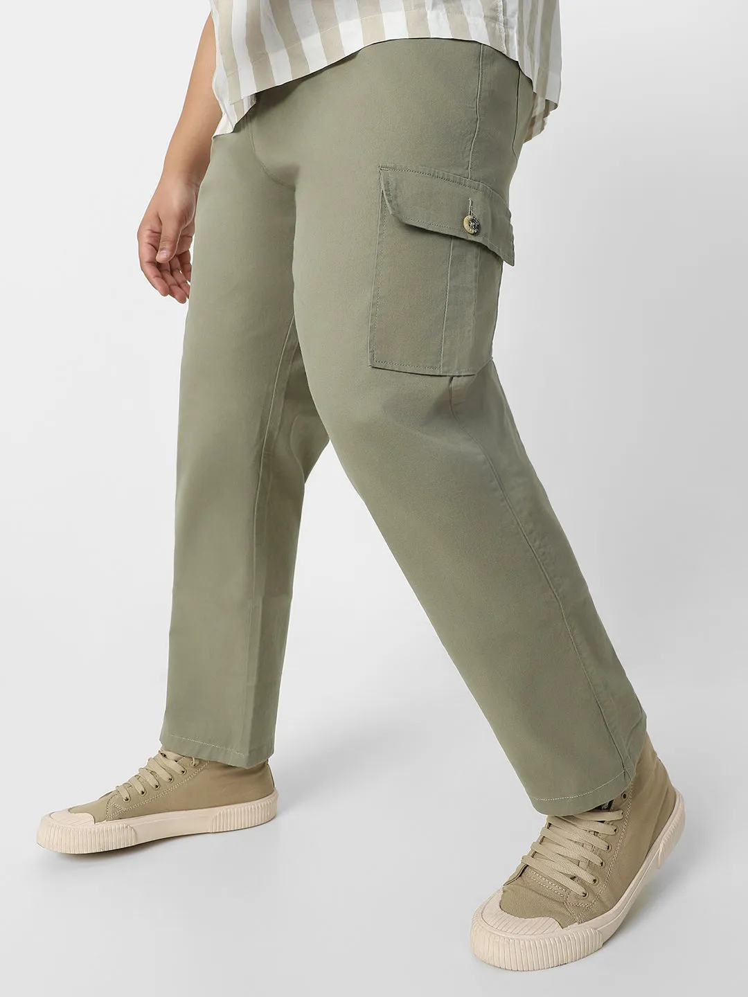 Plus Men's Olive Regular Fit Solid Cargo Chino Pant with 6 Pockets Stretchable