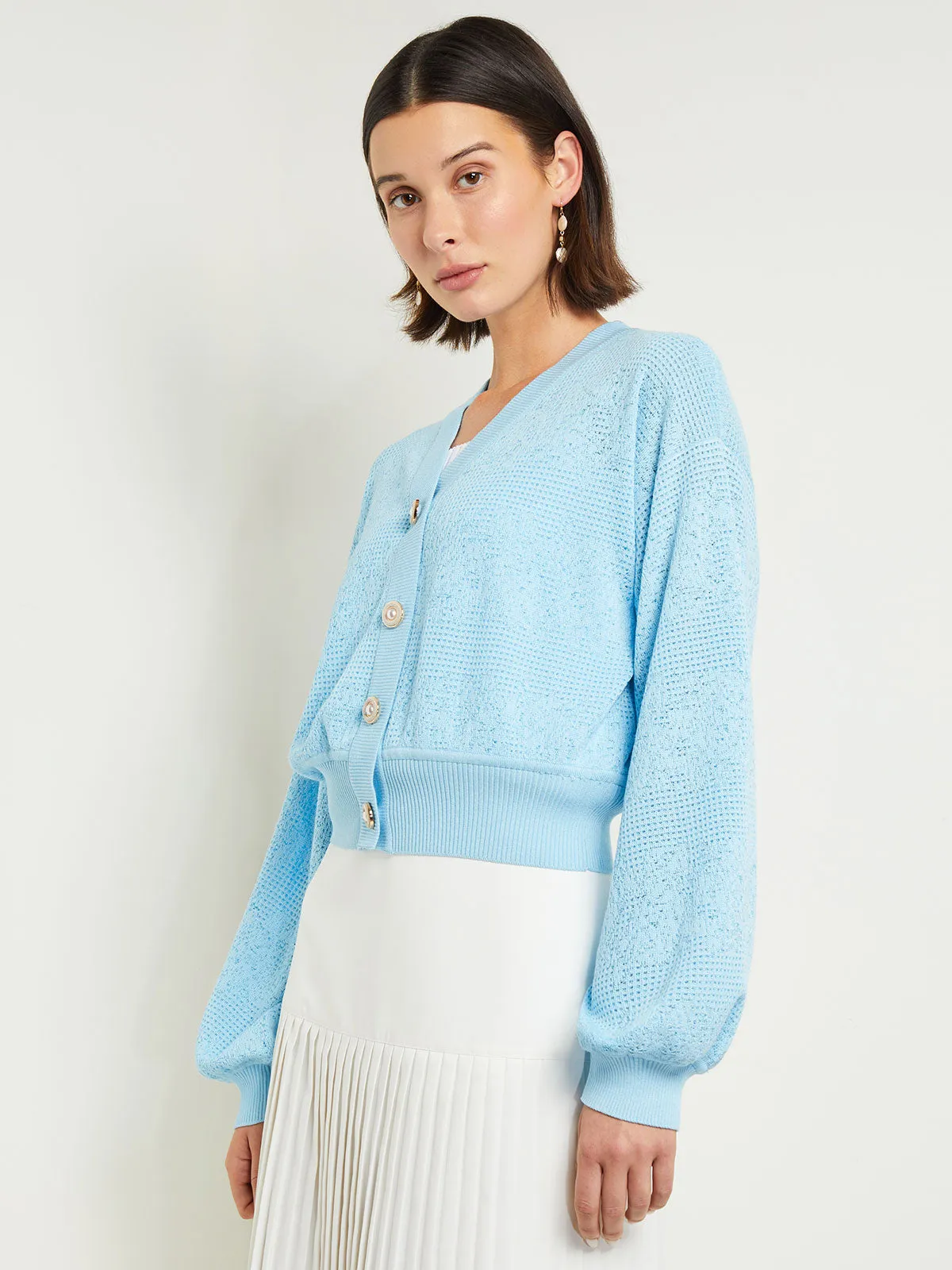 Relaxed Fit Button Front Jacket - Balloon Sleeve Soft Burnout Knit