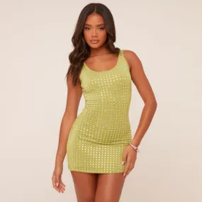 Scoop Neck Hotfix Bodycon Mini Dress In Lime Green Slinky