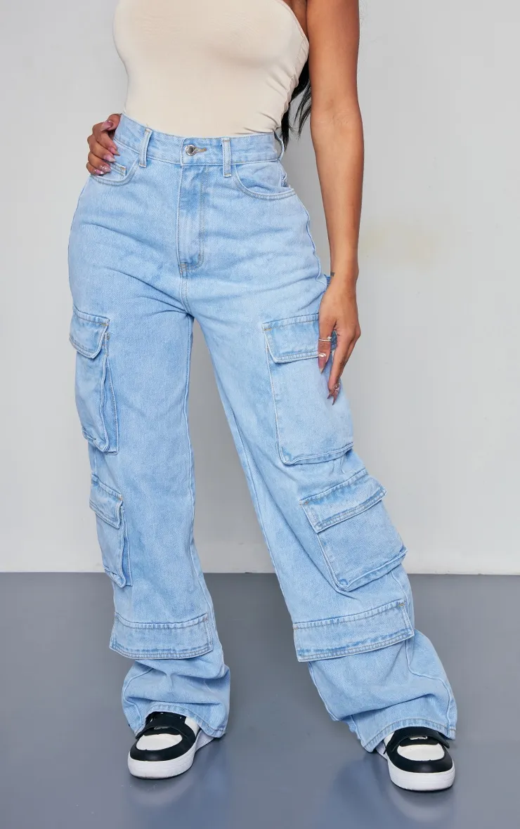 Shape Light Blue Wash Pocket Wide Leg Cargo Jeans