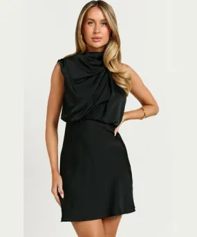 Showpo Schantal Mini Dress - Drape Neck Satin Slip Dress in Black