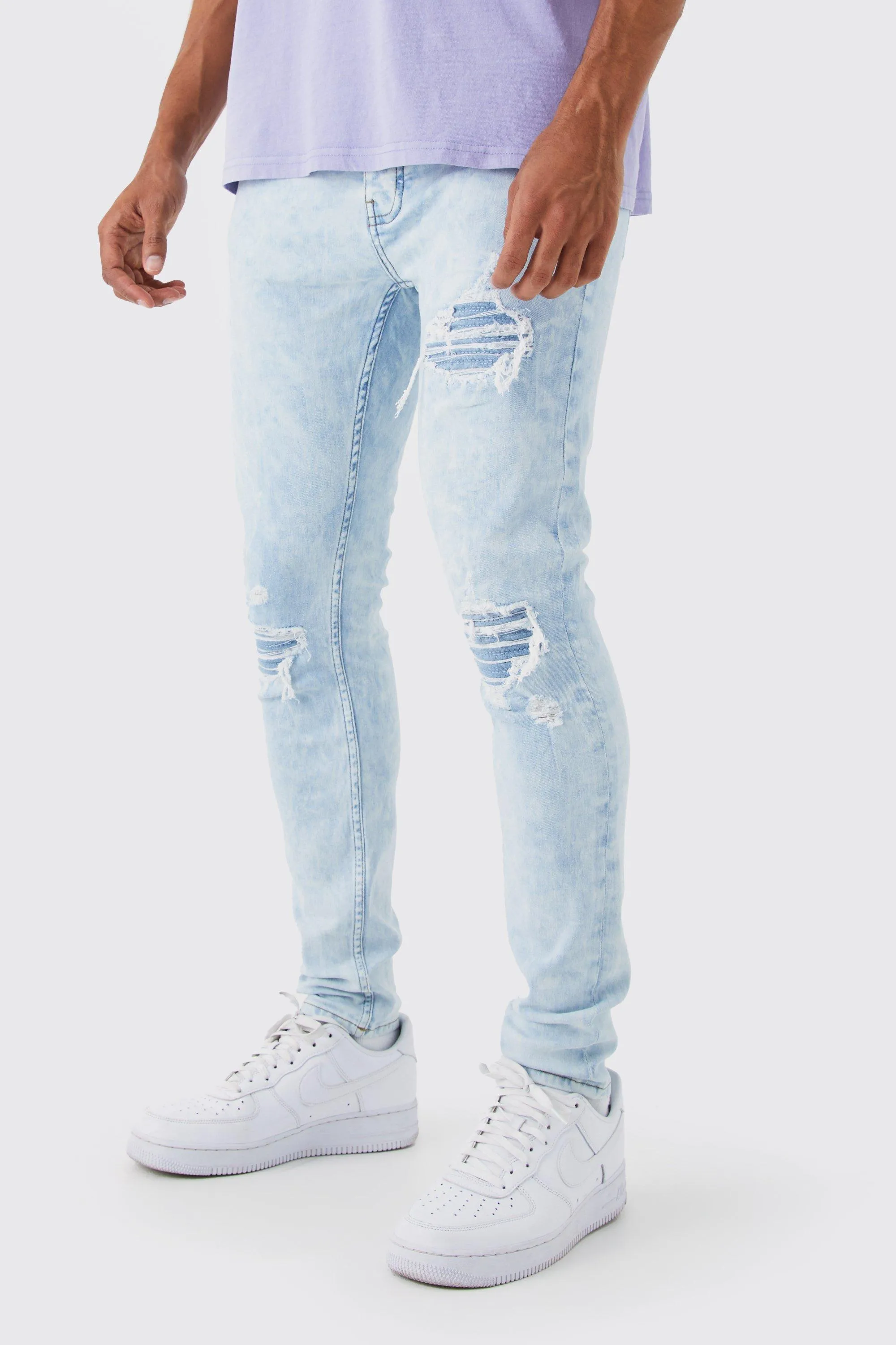 Skinny Stretch Pu Rip & Repair Acid Wash Jeans | boohooMAN UK