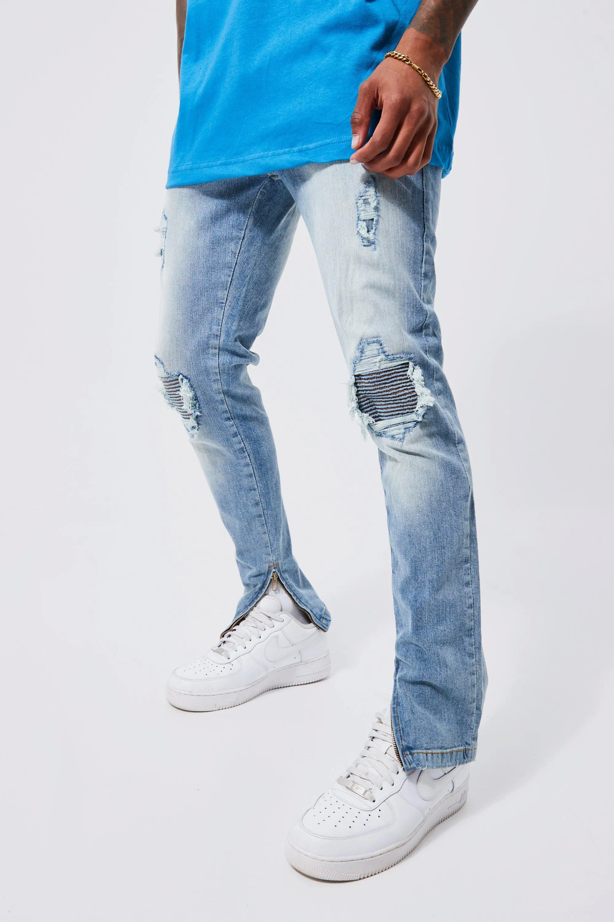 Skinny Stretch Rip And Repair Jeans With Zips | boohooMAN UK