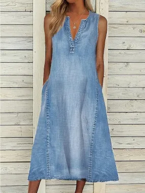 Sleeveless V-Neck Denim Maxi Dress for Women with Split Neck and Pockets