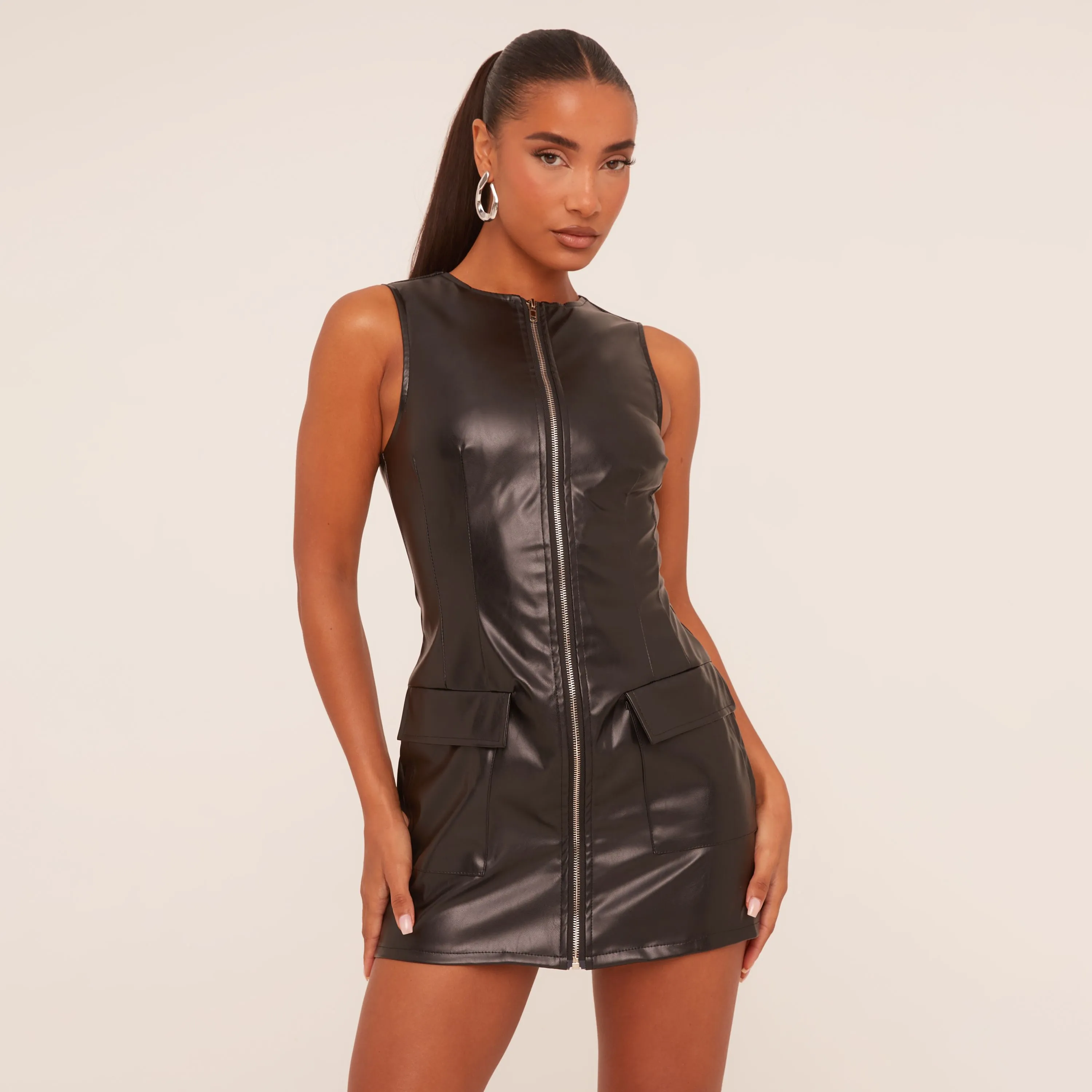 Sleeveless Zip Front Pocket Detail Mini Bodycon Dress In Black Faux Leather