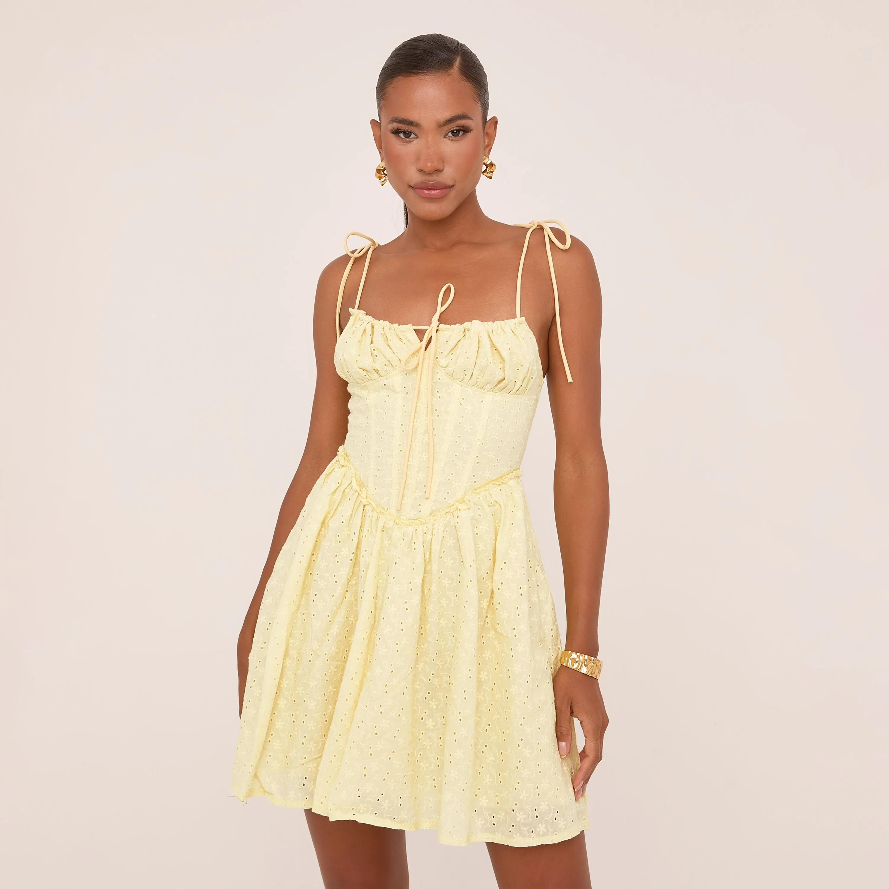 Strappy Tie Front Corseted Skater Mini Broderie Dress In Yellow