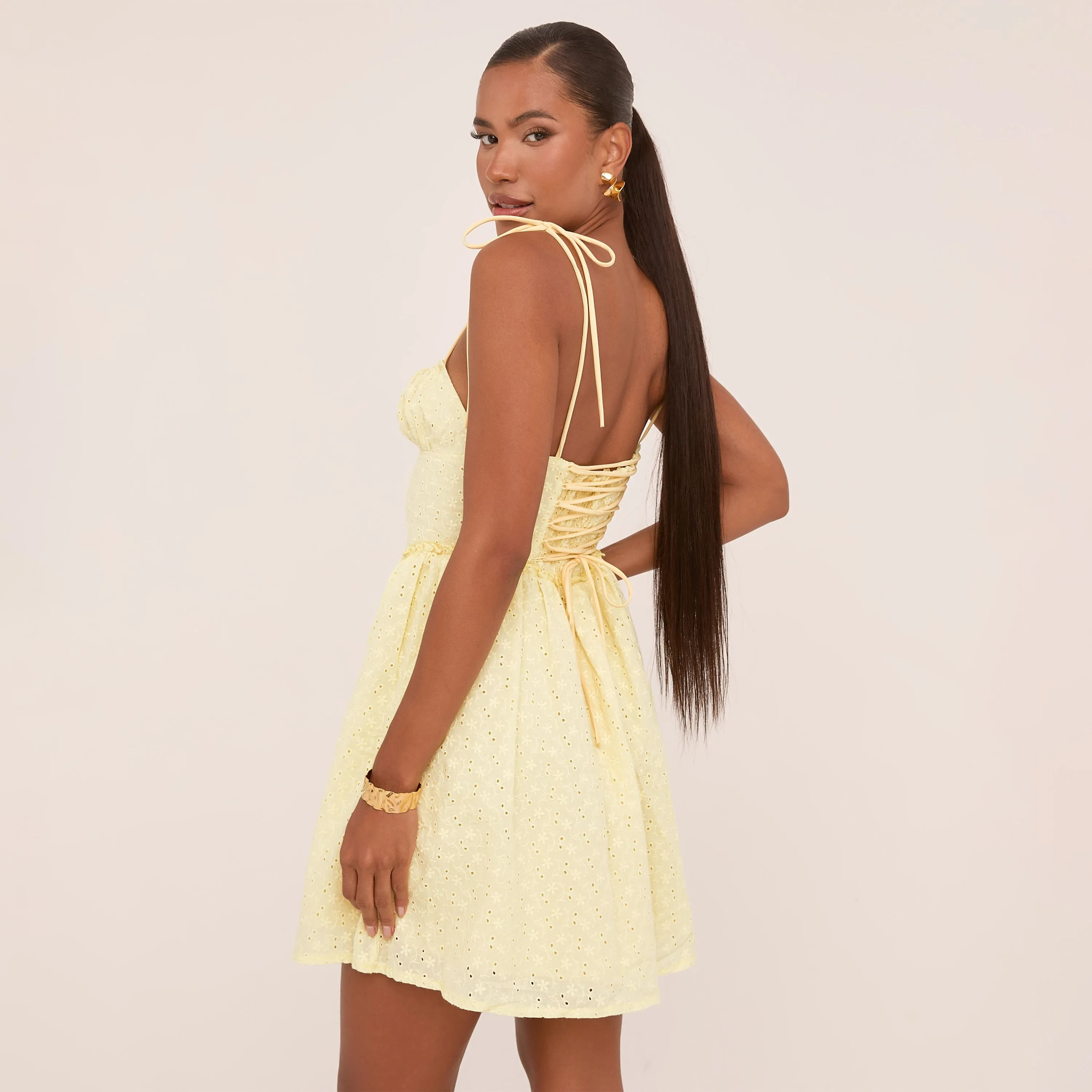 Strappy Tie Front Corseted Skater Mini Broderie Dress In Yellow