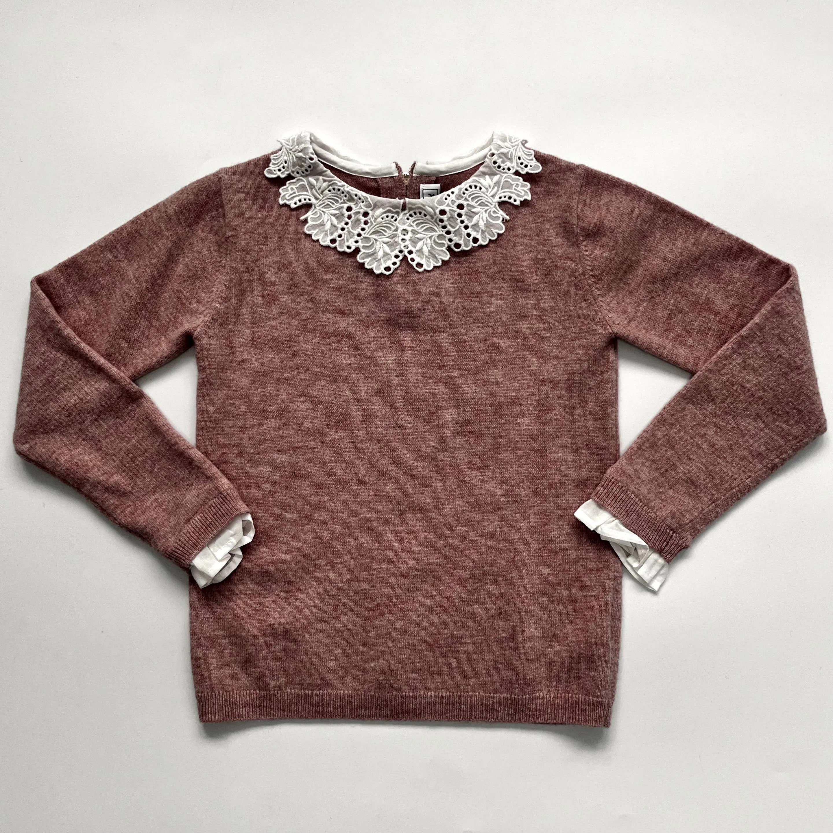 Tartine et Chocolat Pink Wool Jumper With Crochet Collar: 8 Years