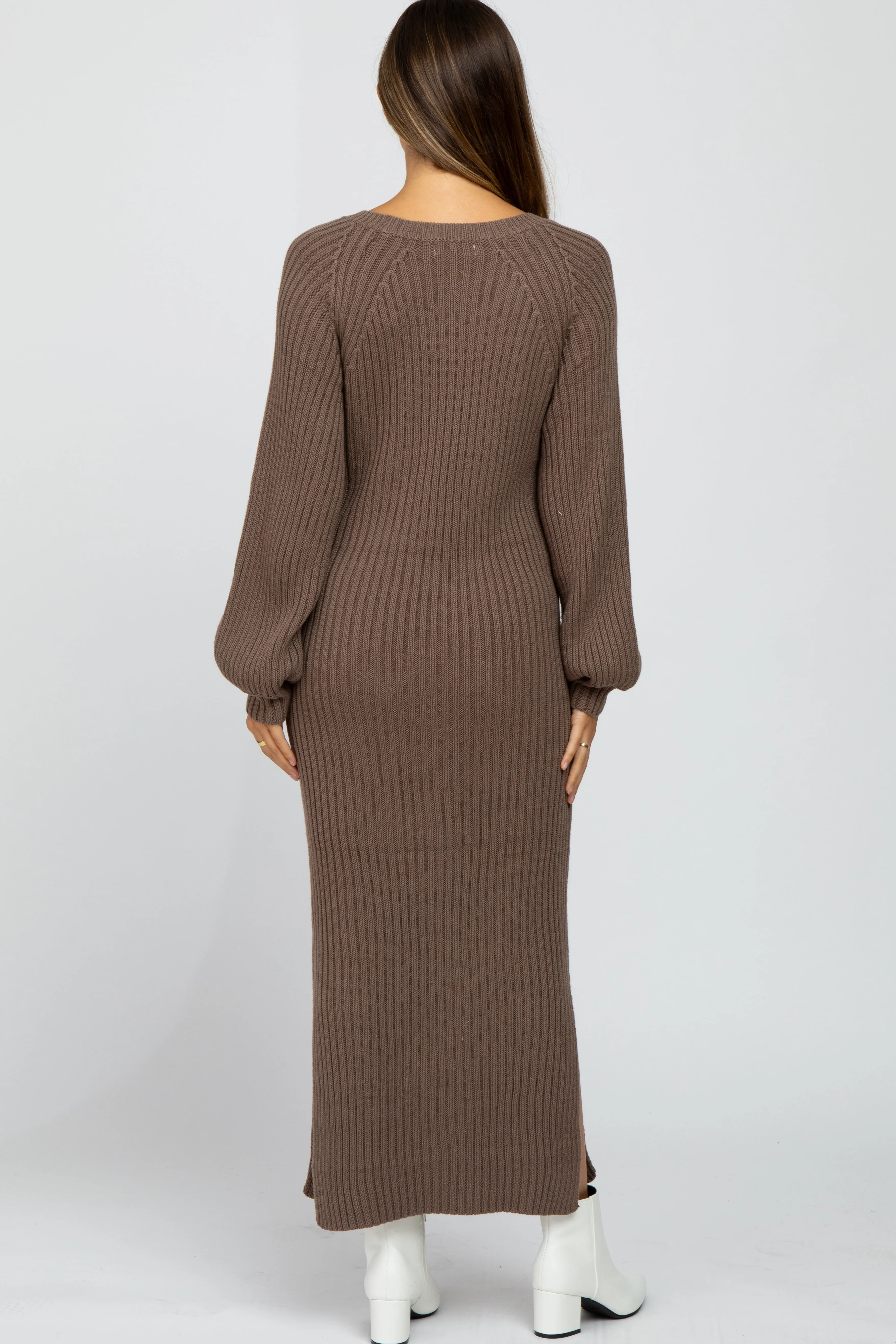 Taupe Side Slit Maternity Maxi Sweater Dress