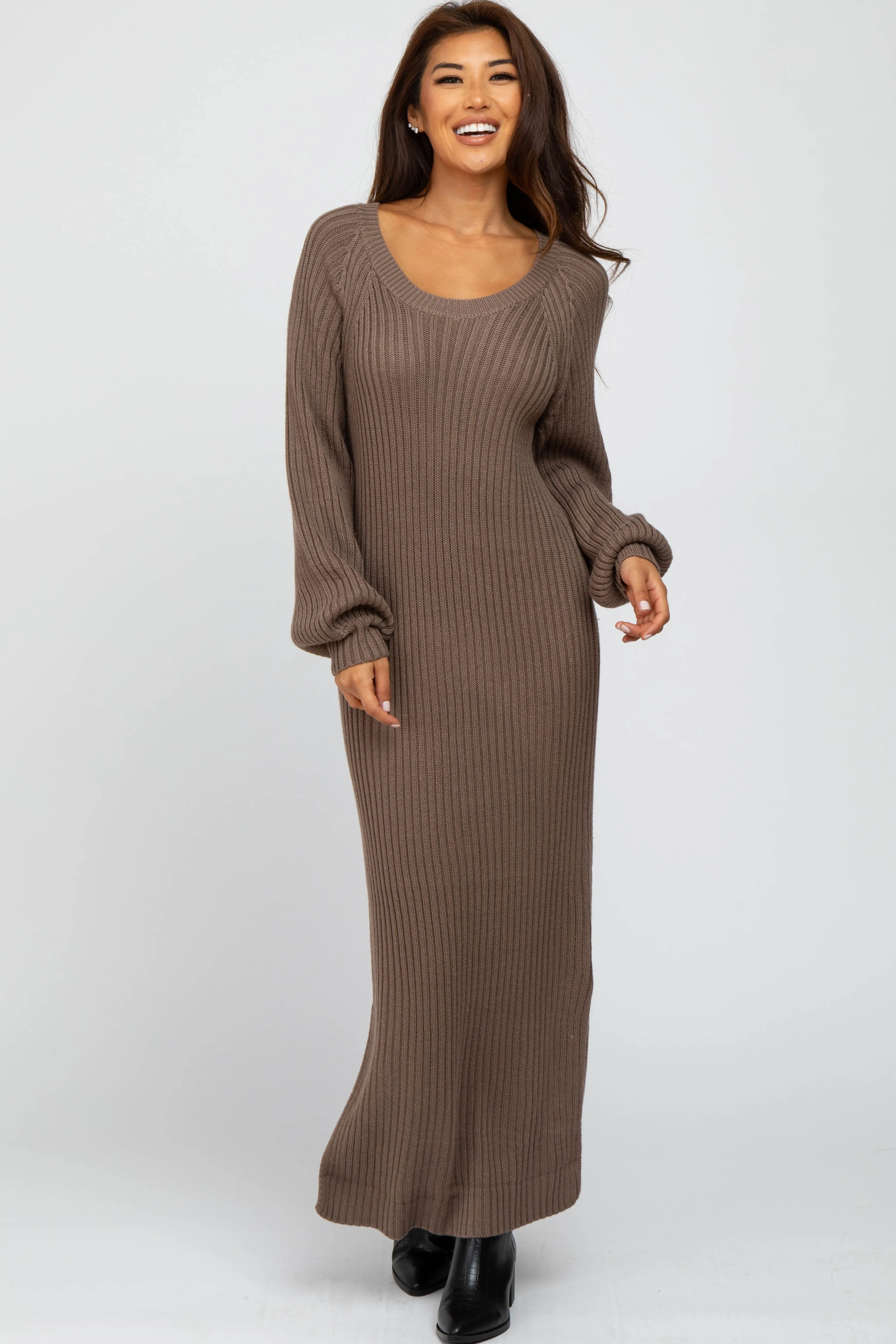 Taupe Side Slit Maternity Maxi Sweater Dress