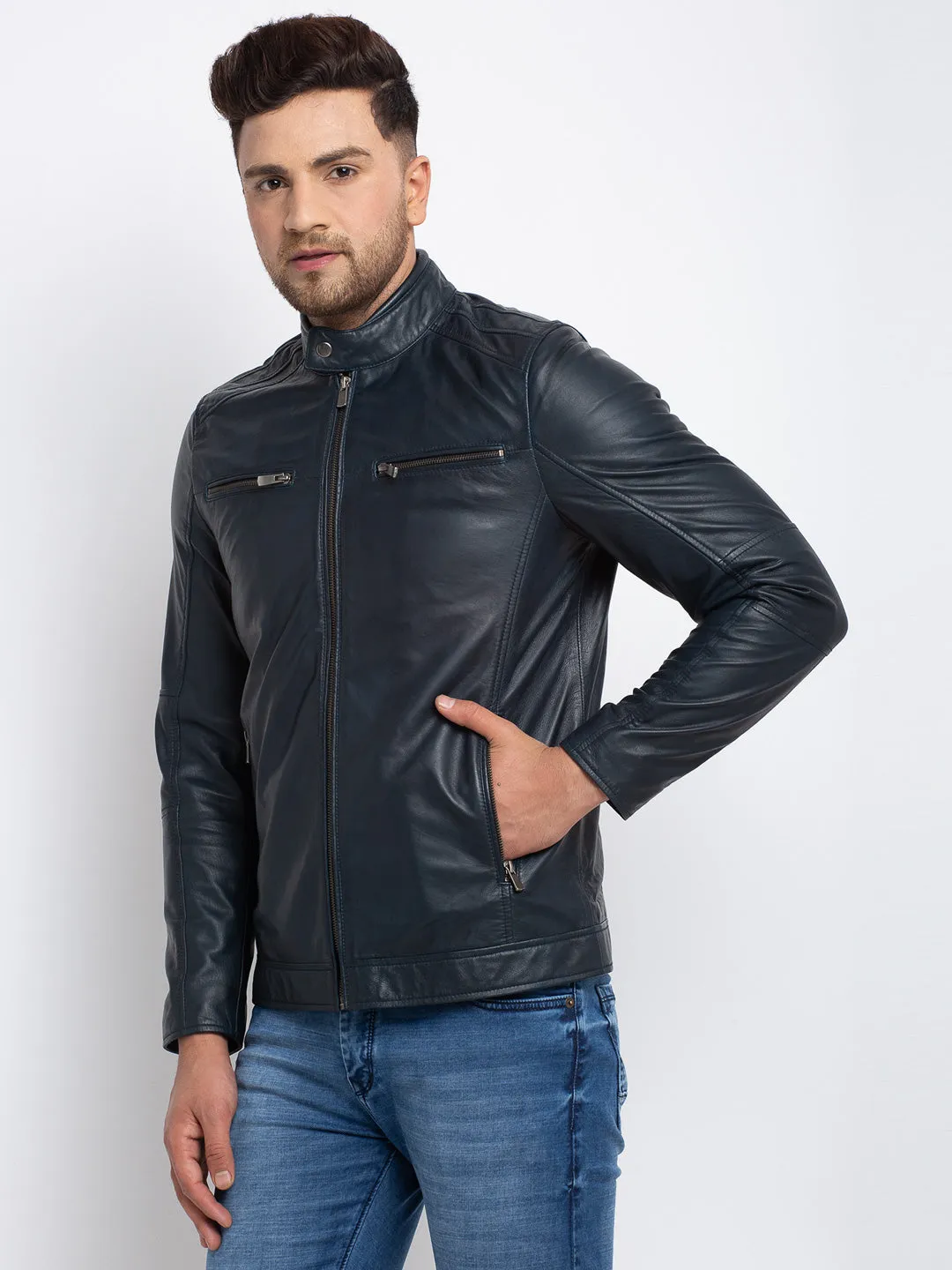 Teakwood Leathers  Men's 100% Genuine Navy Blue Leather Jacket