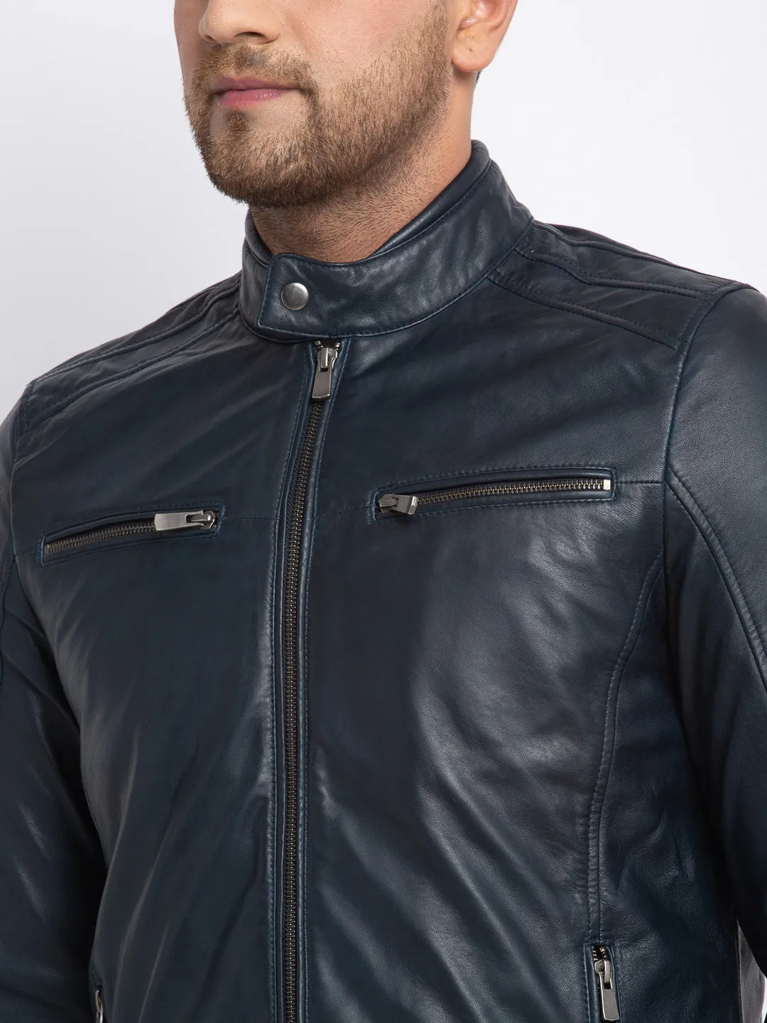 Teakwood Leathers  Men's 100% Genuine Navy Blue Leather Jacket