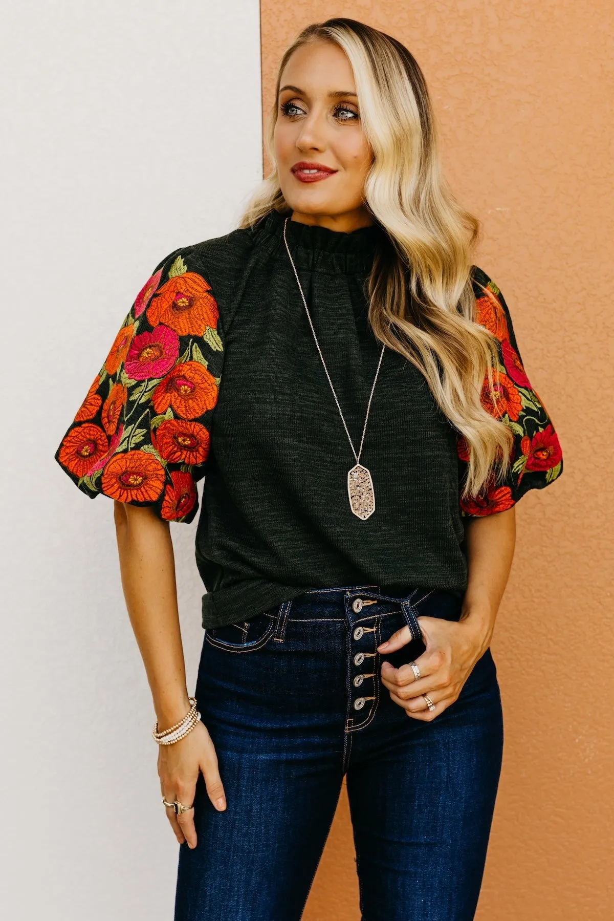 The Rivka Floral Embroidered Puff Sleeve Sweater