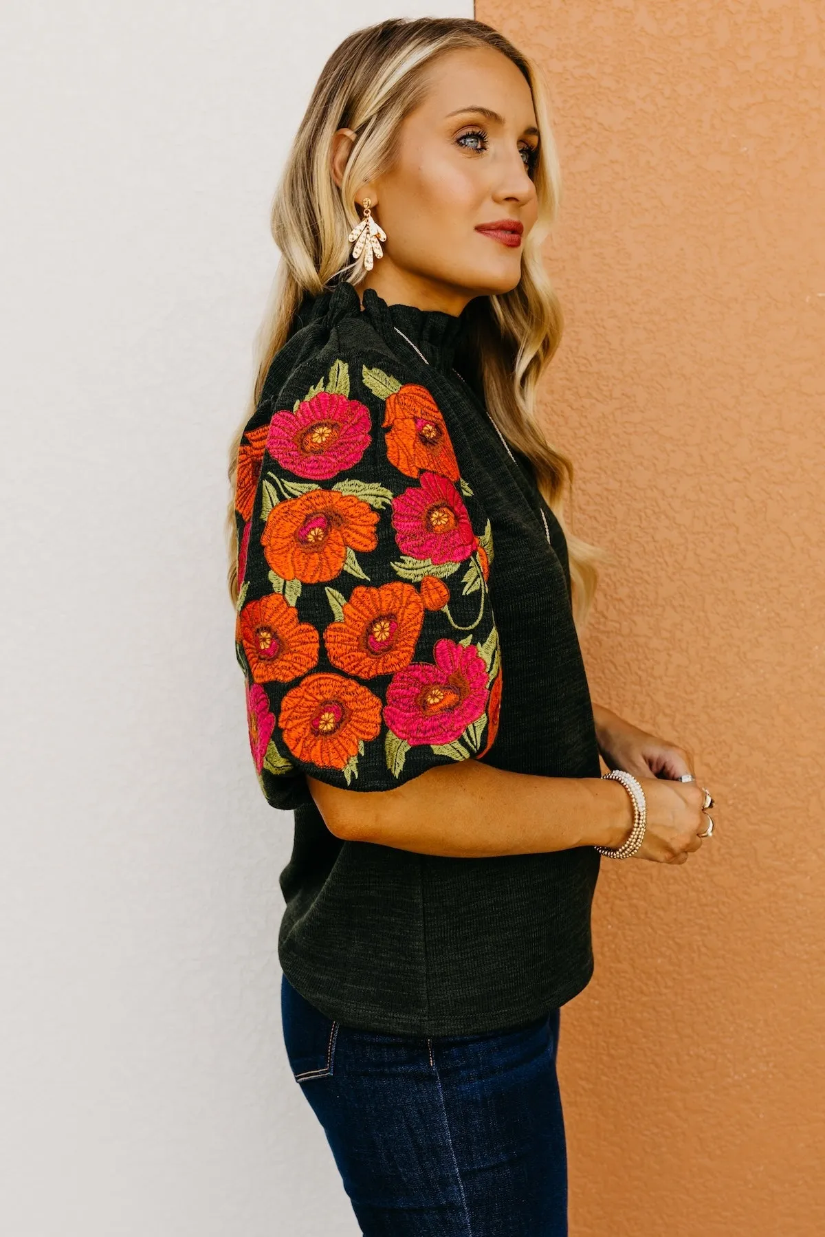 The Rivka Floral Embroidered Puff Sleeve Sweater