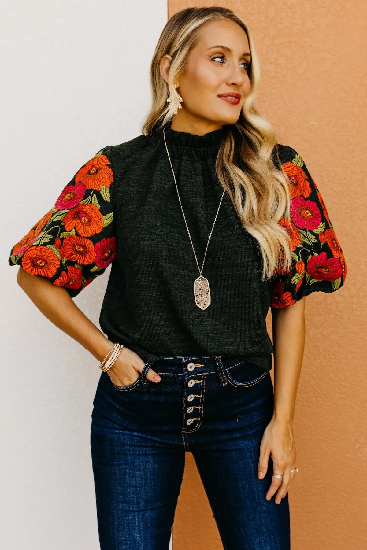 The Rivka Floral Embroidered Puff Sleeve Sweater