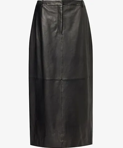 Theory Womens Black Two-slip-pockets split leather midi skirt