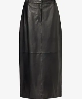 Theory Womens Black Two-slip-pockets split leather midi skirt