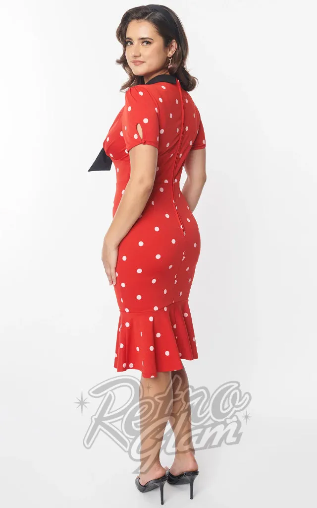 Unique Vintage Red & White Polka Dot Necktie Wiggle Dress