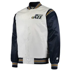 Utah Jazz Renegade Varsity White/Navy Satin Jacket