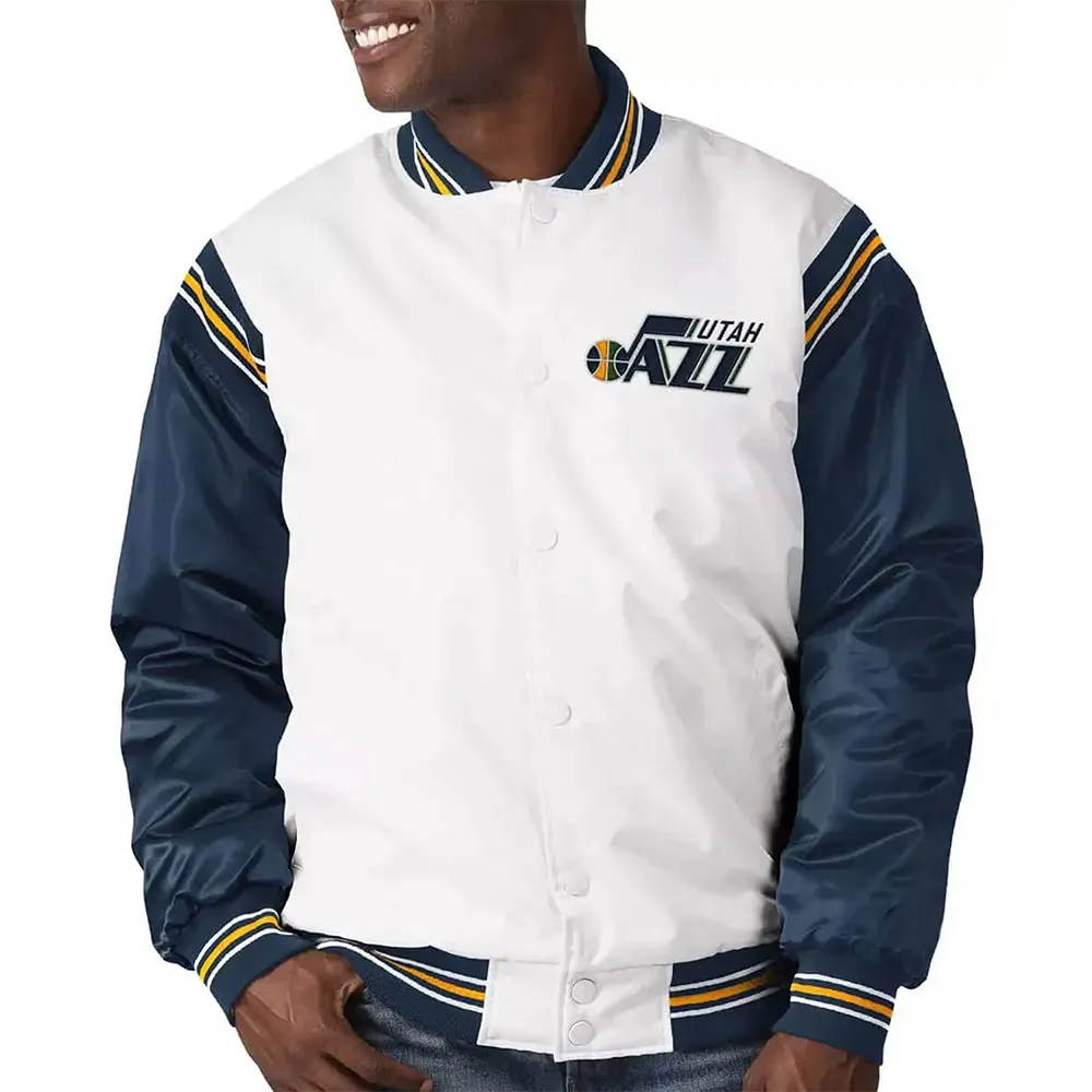 Utah Jazz Renegade Varsity White/Navy Satin Jacket