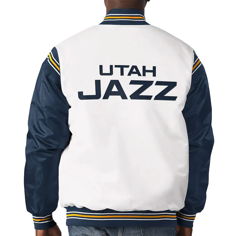 Utah Jazz Renegade Varsity White/Navy Satin Jacket