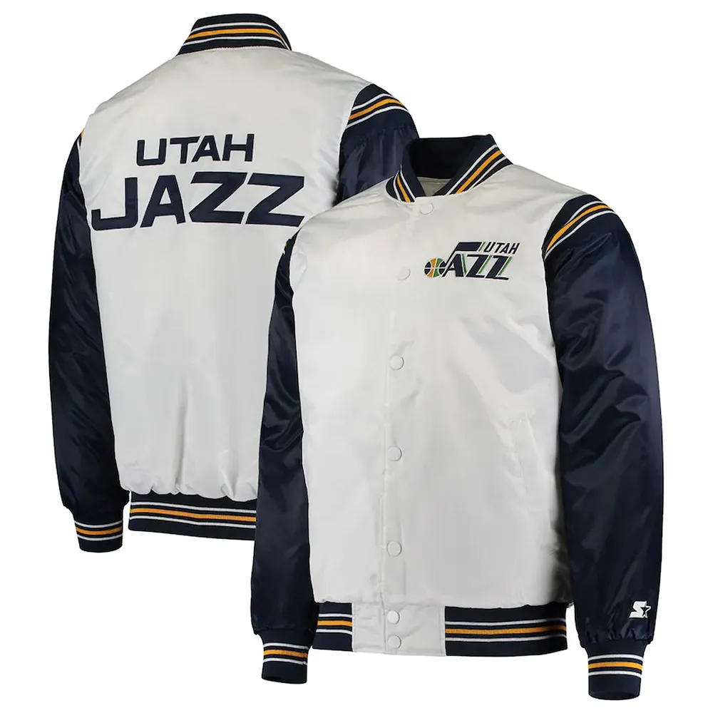 Utah Jazz Renegade Varsity White/Navy Satin Jacket