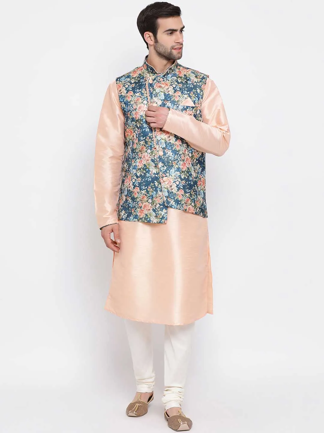 VASTRAMAY Men's Peach And Blue  Printed Woven Nehru Jacket