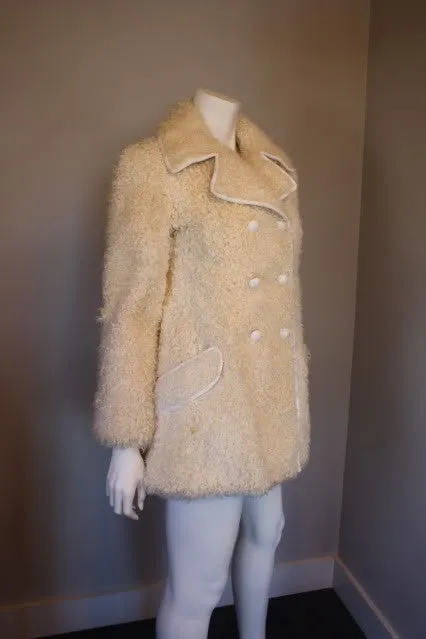 Vintage 60's I. MAGNIN Off White Curly Lamb Fur Double Breasted Coat with White Leather Trim & Buttons