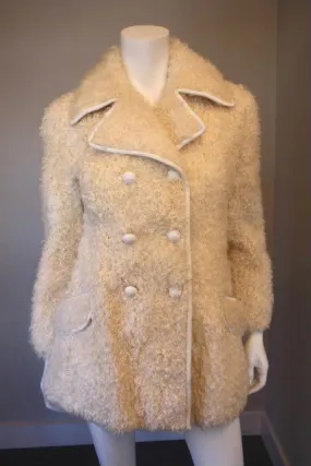 Vintage 60's I. MAGNIN Off White Curly Lamb Fur Double Breasted Coat with White Leather Trim & Buttons