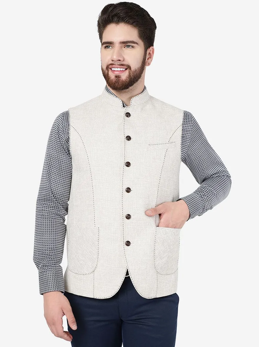 White & Brown Textured Regular Fit Modi Jacket | JadeBlue