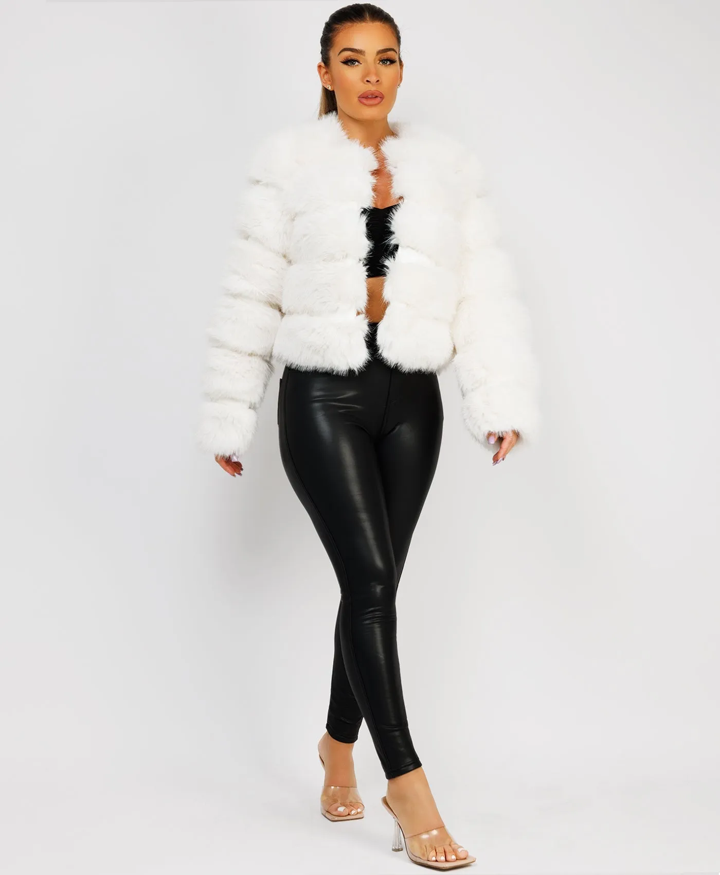 White Faux Fur Tiered Panel Premium Coat Jacket