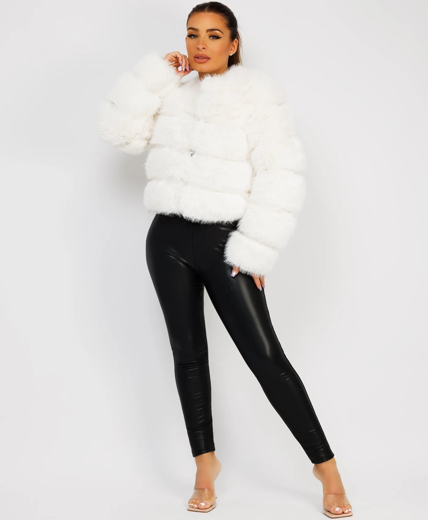 White Faux Fur Tiered Panel Premium Coat Jacket