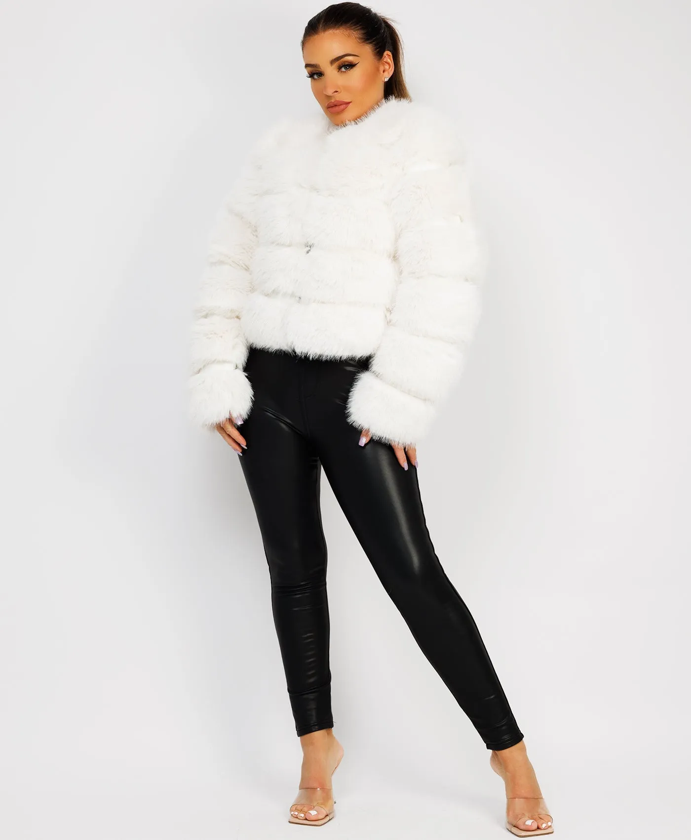 White Faux Fur Tiered Panel Premium Coat Jacket