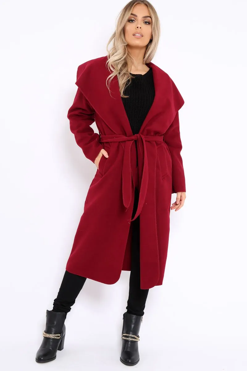 Wine Long Length Waterfall Belted Coat - Cindy