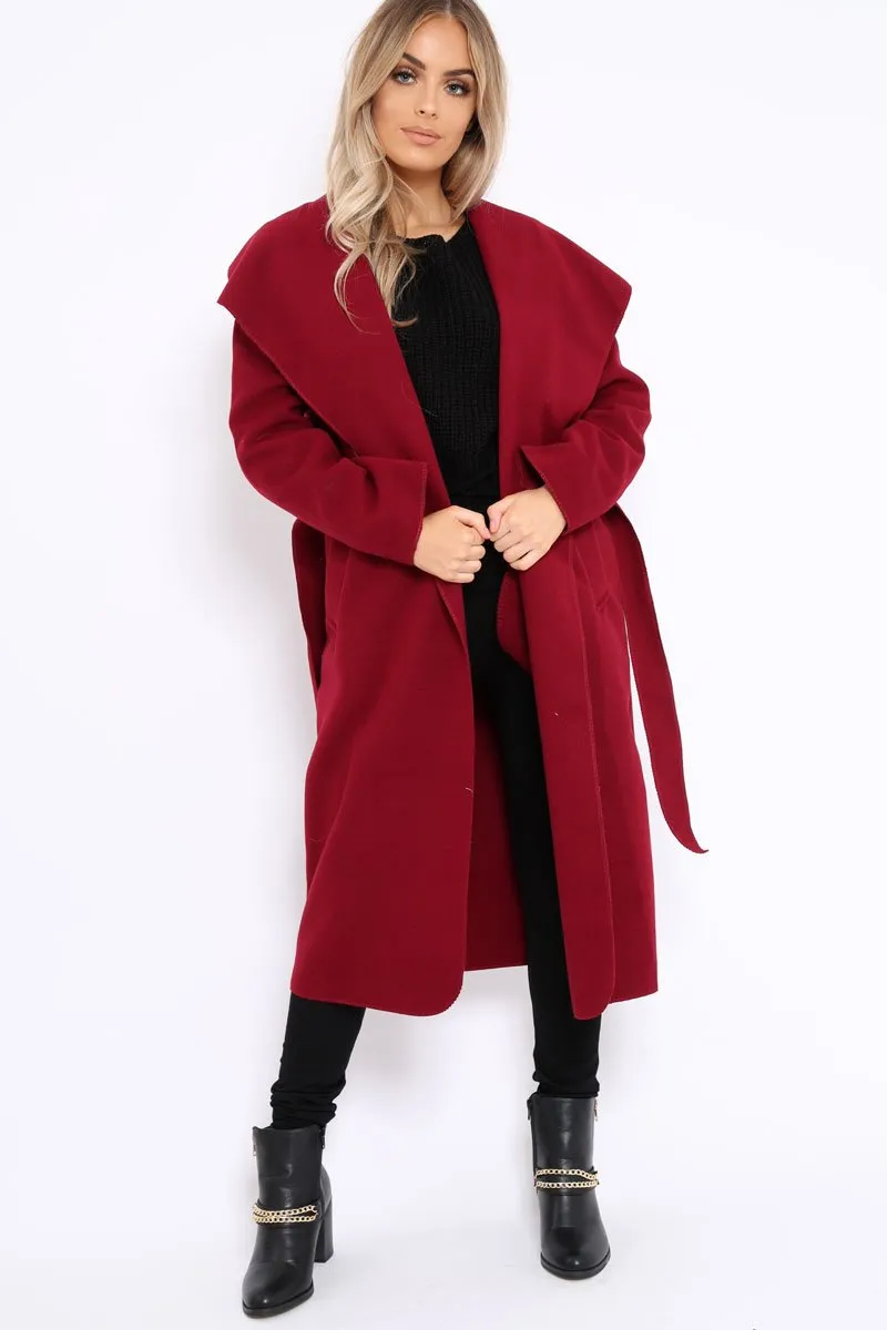 Wine Long Length Waterfall Belted Coat - Cindy