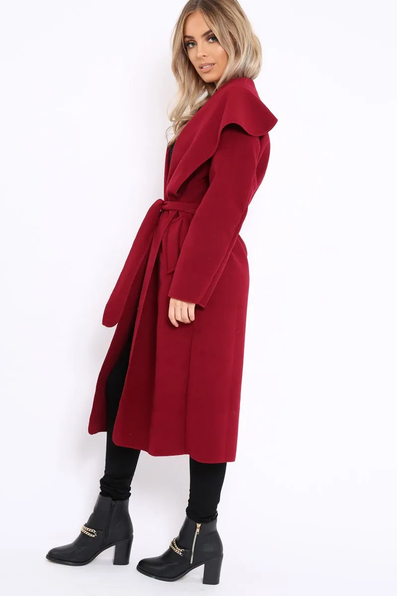 Wine Long Length Waterfall Belted Coat - Cindy