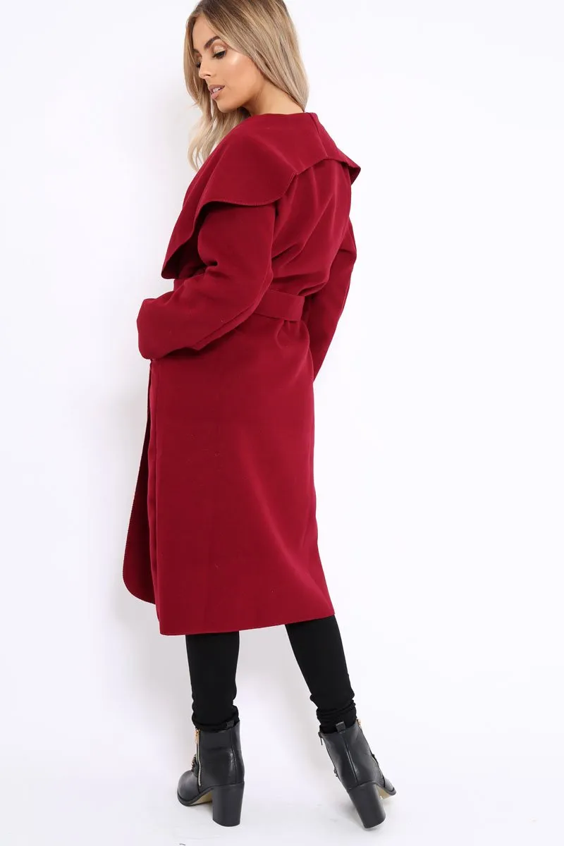 Wine Long Length Waterfall Belted Coat - Cindy