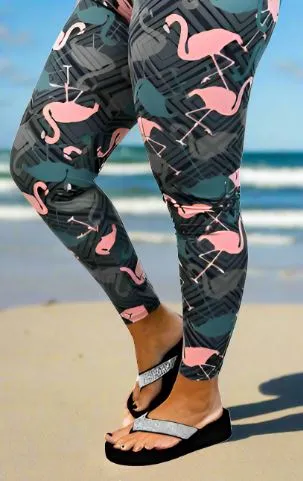 Womens Flamingo Leggings, Soft Yoga Pants, Sizes 0-20, Yoga Waist, Gray/Pink