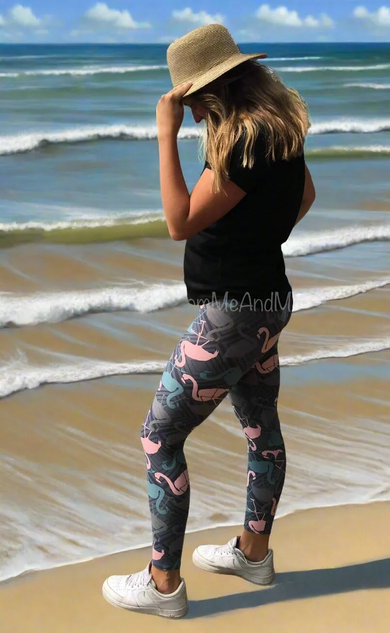 Womens Flamingo Leggings, Soft Yoga Pants, Sizes 0-20, Yoga Waist, Gray/Pink