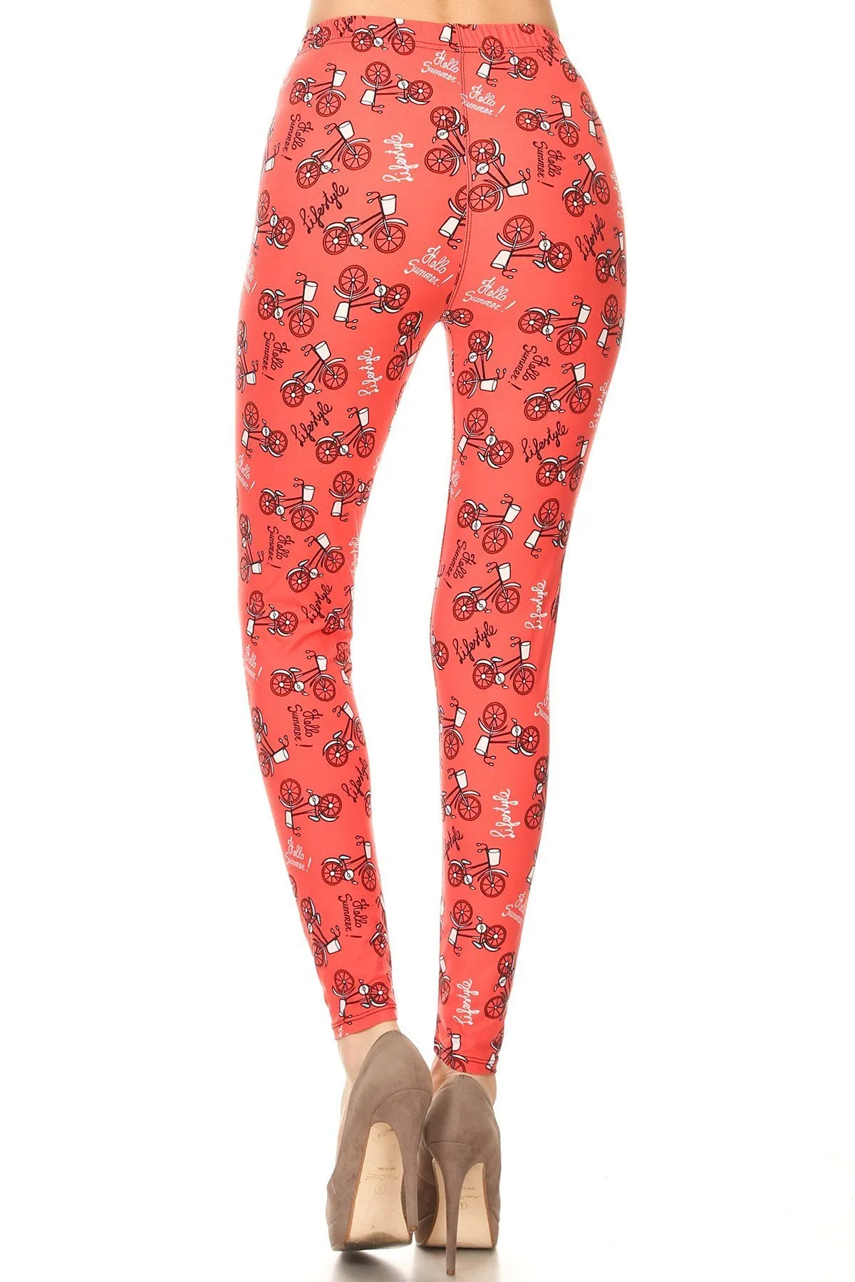 Women's Plus Bicycle in Coral Lifestyle Pattern Printed Leggings