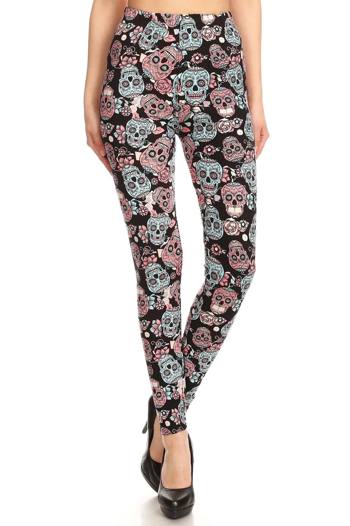 Women's Plus Black Sugar Skull Pattern Printed Leggings