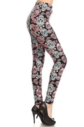 Women's Plus Black Sugar Skull Pattern Printed Leggings