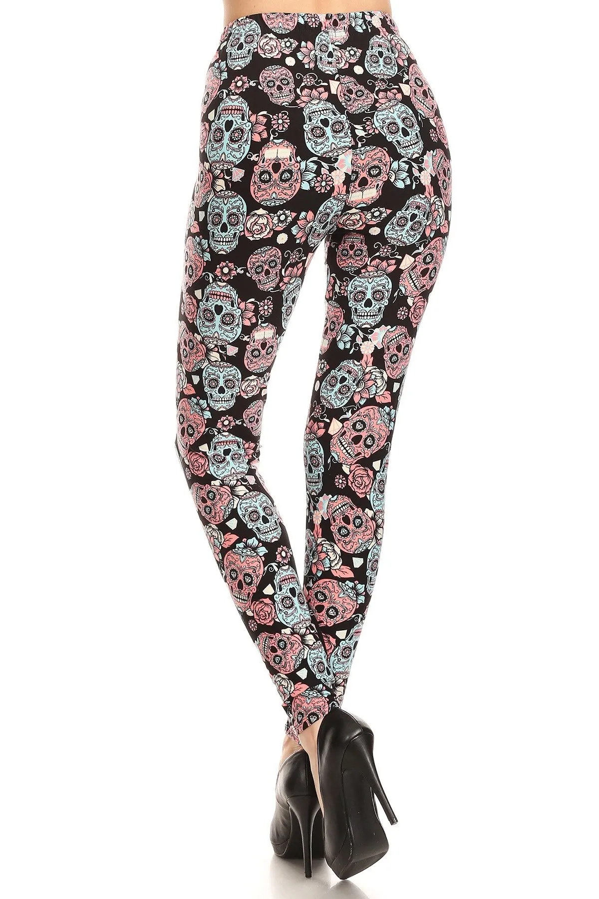 Women's Plus Black Sugar Skull Pattern Printed Leggings