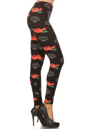 Women's Plus Skull Red Rose Pattern Printed Leggings