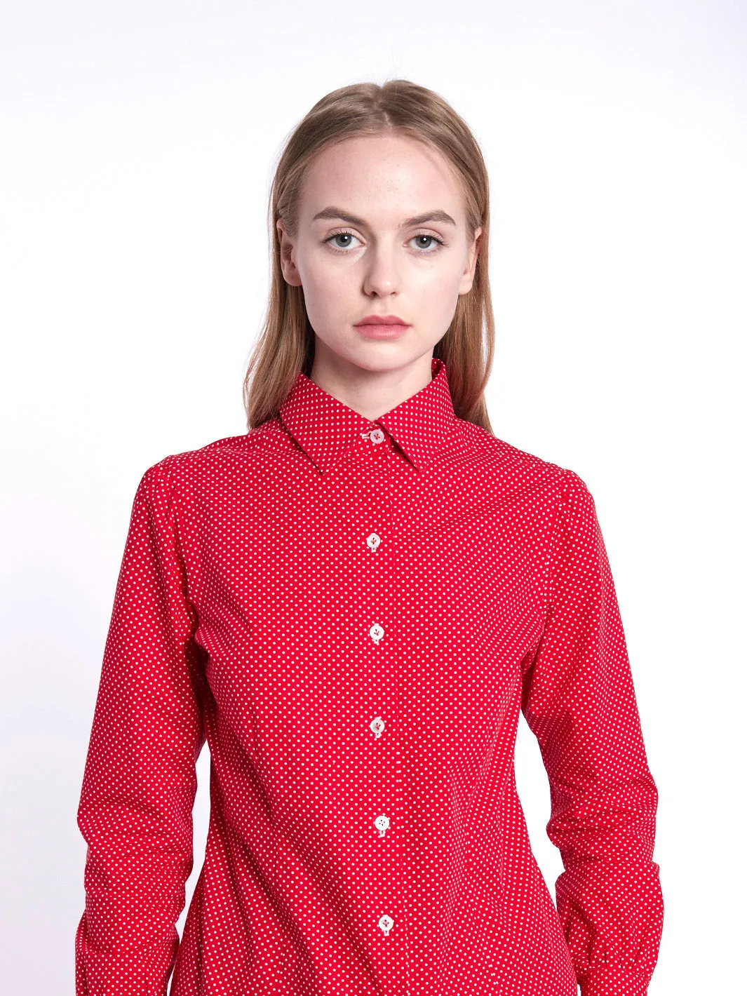 Y2K red blouse with white polka dots